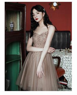 Picture of Champagne Tulle Knee Length Beaded Sweetheart Prom Dresses, Short Homecoming Dresses Party Dresses